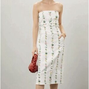 Adam Lippes White Floral Strapless Denim Dress 6 Designer Twill Pencil No Belt